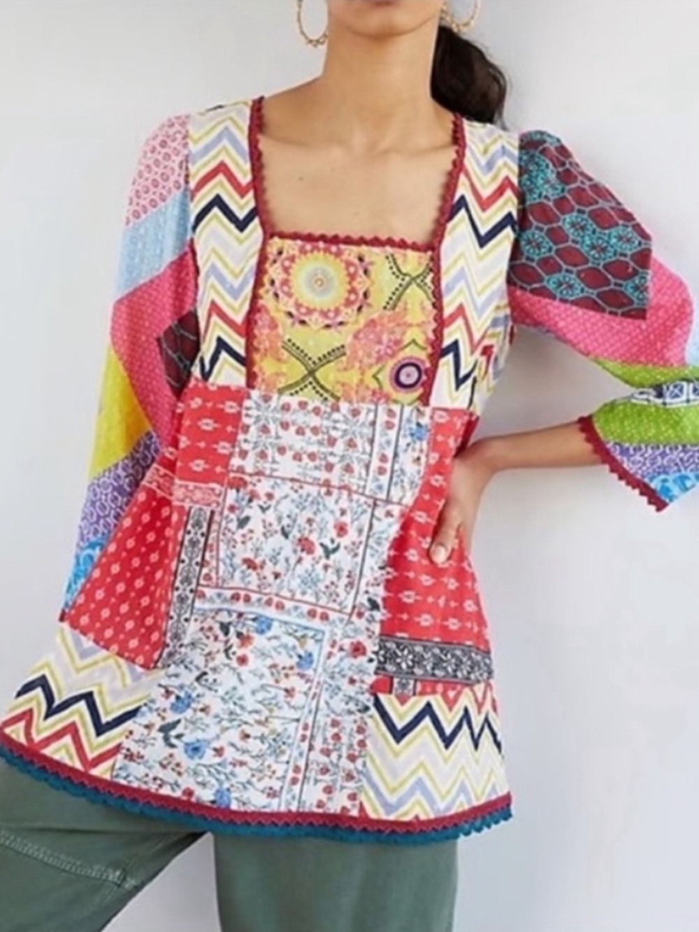 Anthropologie Let Me Be Patchwork Boho Tunic Cotton Blouse